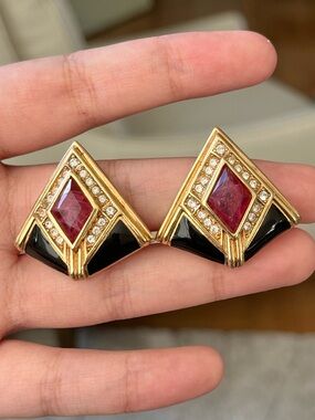 Authentic Vintage Dior Red Swirly Glass Cabochon Black Enamel Gold Clip Earrings